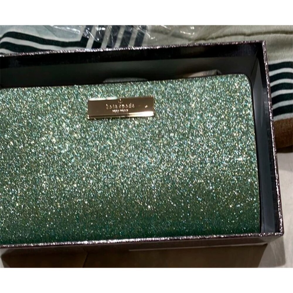 S NIB Kate Spade Kenzie Boxed Medium Compact Bifold Green Glitter Wallet KK321 - Picture 7 of 9